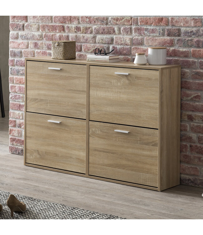 Wohnling WL5.828 Modern 120 x 81 x 24 cm Houten schoenenrek Sonoma 4 vakken | Schoenenkast bovenkast met plank | Ontwerp schoenkantelaar schoenenopslag Gangkist voor schoenen hoog