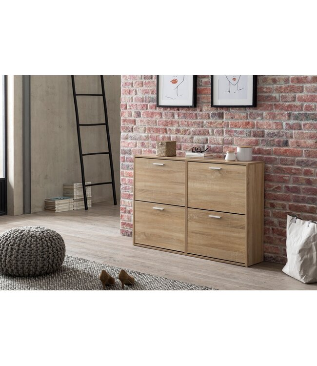 Wohnling WL5.828 Modern 120 x 81 x 24 cm Houten schoenenrek Sonoma 4 vakken | Schoenenkast bovenkast met plank | Ontwerp schoenkantelaar schoenenopslag Gangkist voor schoenen hoog