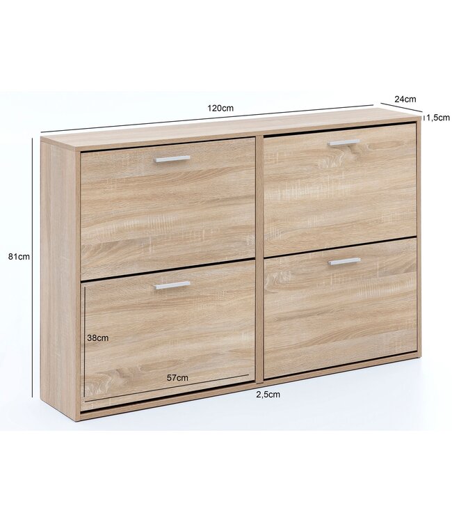 Wohnling WL5.828 Modern 120 x 81 x 24 cm Houten schoenenrek Sonoma 4 vakken | Schoenenkast bovenkast met plank | Ontwerp schoenkantelaar schoenenopslag Gangkist voor schoenen hoog