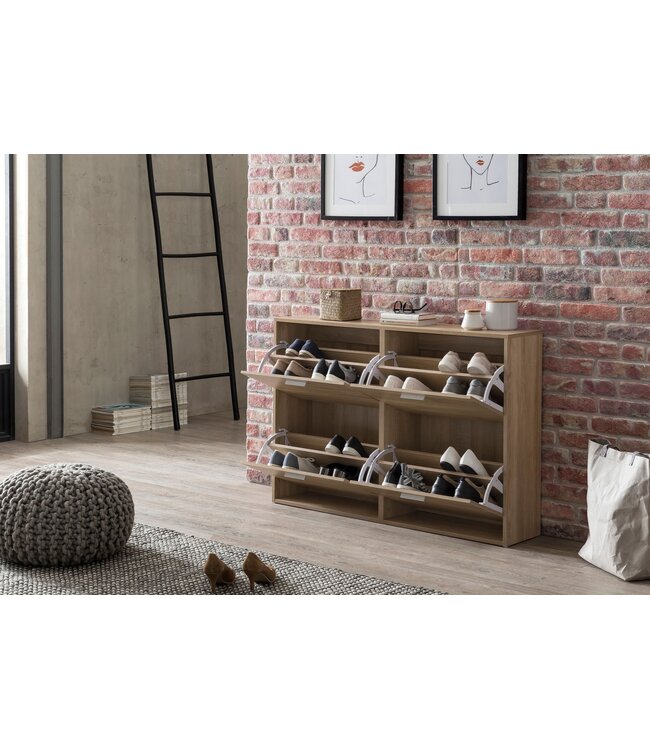 Wohnling WL5.828 Modern 120 x 81 x 24 cm Houten schoenenrek Sonoma 4 vakken | Schoenenkast bovenkast met plank | Ontwerp schoenkantelaar schoenenopslag Gangkist voor schoenen hoog