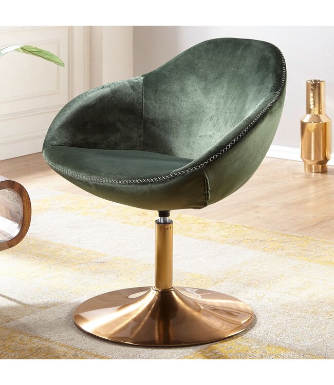 Wohnling stoel SARIN fluwelen groen / goud 70x79x70 cm design bureaustoel | Clubstoel gestoffeerde stoel met armleuning | Bureaustoel Cocktailsessel Lounge | Bar stoel Bezoekersstoel | Fauteuil met stoffen bekleding