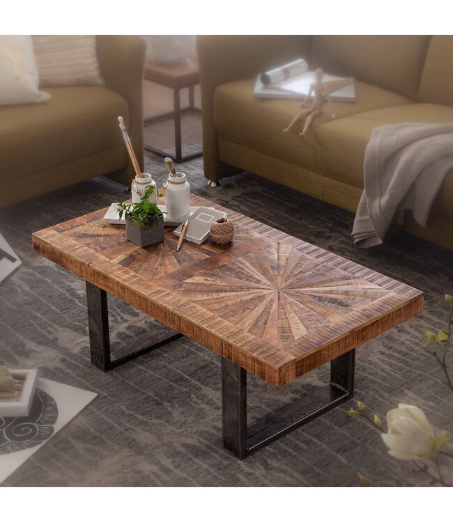 Wohnling Moderne Salontafel Mango Massief Hout 105x40x55 cm Tafel in Industrieel Design, Banktafel met Hout en Metaal, Rustieke Woonkamertafel