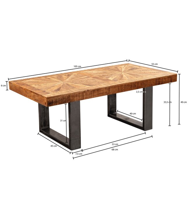 Wohnling Moderne Salontafel Mango Massief Hout 105x40x55 cm Tafel in Industrieel Design, Banktafel met Hout en Metaal, Rustieke Woonkamertafel