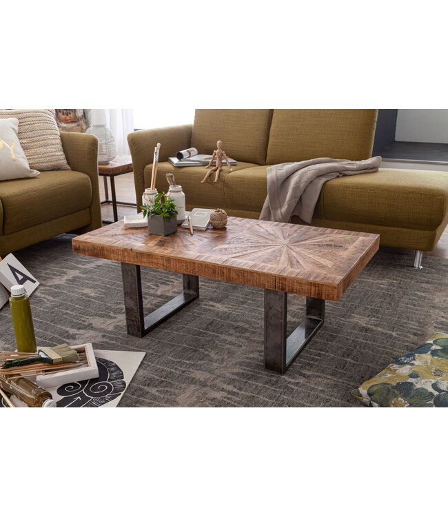 Wohnling Moderne Salontafel Mango Massief Hout 105x40x55 cm Tafel in Industrieel Design, Banktafel met Hout en Metaal, Rustieke Woonkamertafel