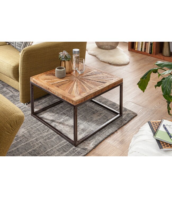 Wohnling salontafel mango massief hout 55x40x55 cm tafel met metalen onderstel | Vierkante salontafel in industrieel design | Stoere salontafel modern
