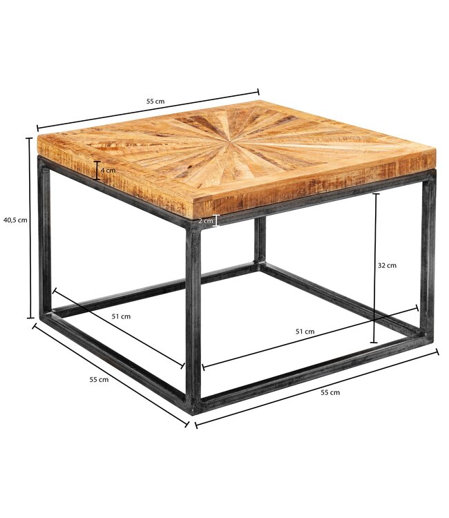 Wohnling salontafel mango massief hout 55x40x55 cm tafel met metalen onderstel | Vierkante salontafel in industrieel design | Stoere salontafel modern