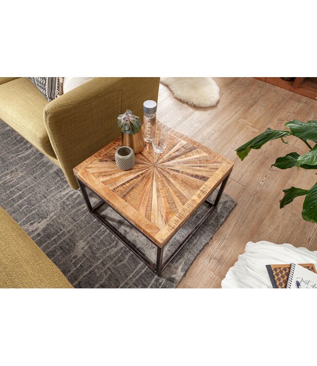 Wohnling salontafel mango massief hout 55x40x55 cm tafel met metalen onderstel | Vierkante salontafel in industrieel design | Stoere salontafel modern