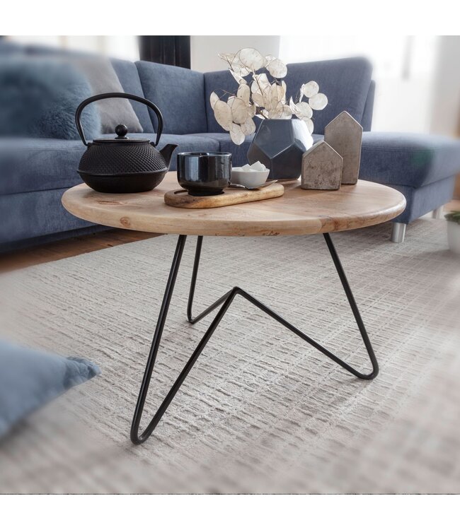 Wohnling Salontafel 60x39,5x60 cm Acacia Massief Hout / Metaal Sofatafel, Design Woonkamertafel Rond, Koffietafel Massief, Kleine Tafel Woonkamer