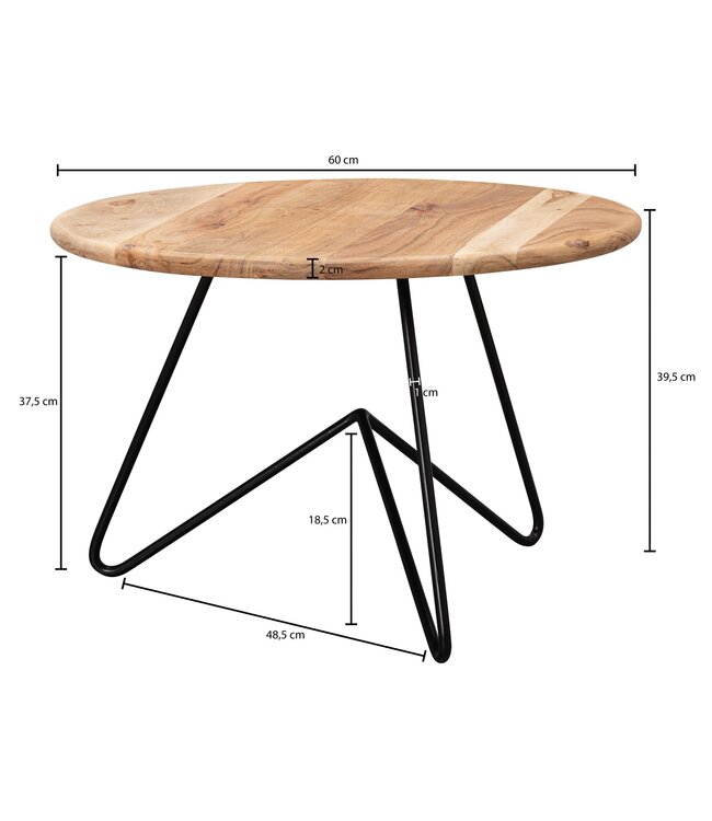 Wohnling Salontafel 60x39,5x60 cm Acacia Massief Hout / Metaal Sofatafel, Design Woonkamertafel Rond, Koffietafel Massief, Kleine Tafel Woonkamer