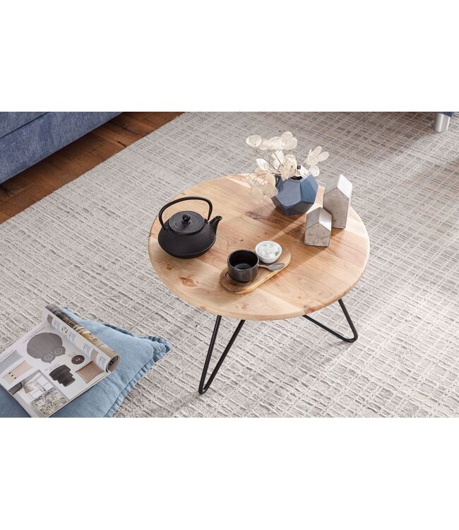 Wohnling Salontafel 60x39,5x60 cm Acacia Massief Hout / Metaal Sofatafel, Design Woonkamertafel Rond, Koffietafel Massief, Kleine Tafel Woonkamer