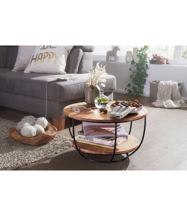 Wohnling Salontafel 60x34,5x60 cm Acacia Massief Hout / Metaal Bijzettafel, Design Woonkamertafel Rond, Industriële Bruine Tafel, Tafel met Opbergruimte
