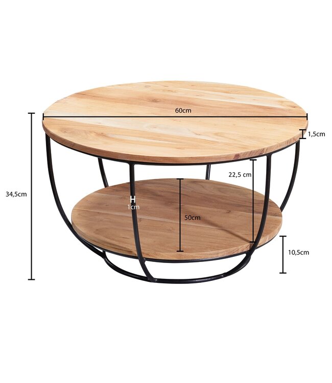 Wohnling Salontafel 60x34,5x60 cm Acacia Massief Hout / Metaal Bijzettafel, Design Woonkamertafel Rond, Industriële Bruine Tafel, Tafel met Opbergruimte