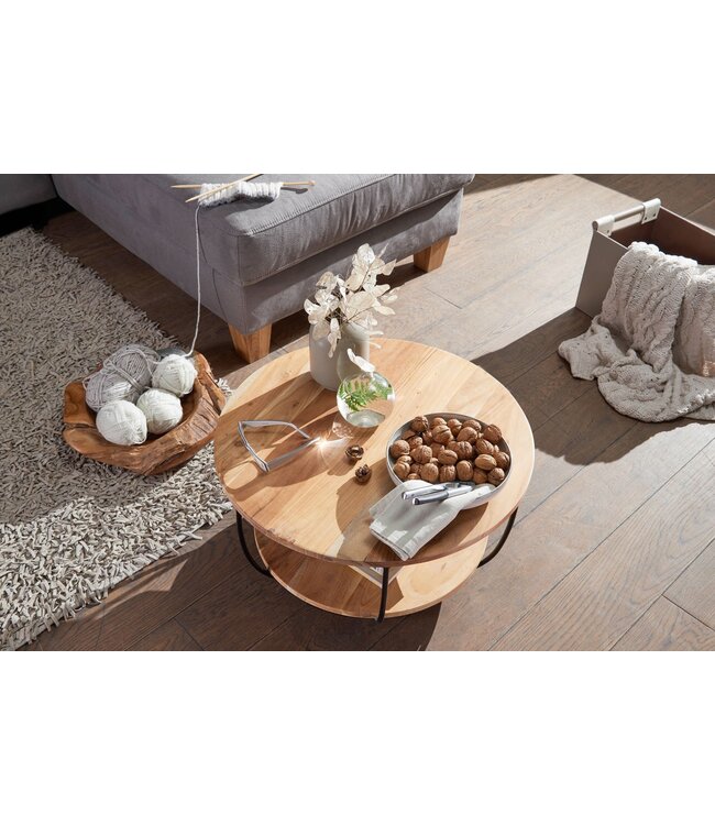 Wohnling Salontafel 60x34,5x60 cm Acacia Massief Hout / Metaal Bijzettafel, Design Woonkamertafel Rond, Industriële Bruine Tafel, Tafel met Opbergruimte