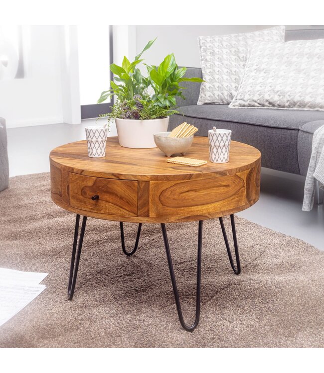 Wohnling Salontafel Sheesham Massief Hout / Metaal 60x44,5x60 cm Tafel Woonkamer, Design Bijzettafel met Lades, Kleine Ronde Woonkamertafel Bruin