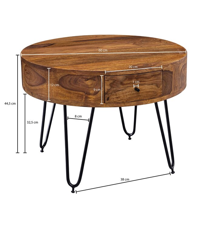 Wohnling Salontafel Sheesham Massief Hout / Metaal 60x44,5x60 cm Tafel Woonkamer, Design Bijzettafel met Lades, Kleine Ronde Woonkamertafel Bruin