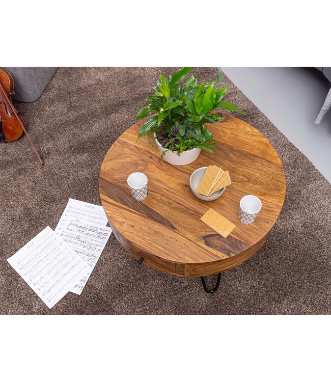 Wohnling Salontafel Sheesham Massief Hout / Metaal 60x44,5x60 cm Tafel Woonkamer, Design Bijzettafel met Lades, Kleine Ronde Woonkamertafel Bruin