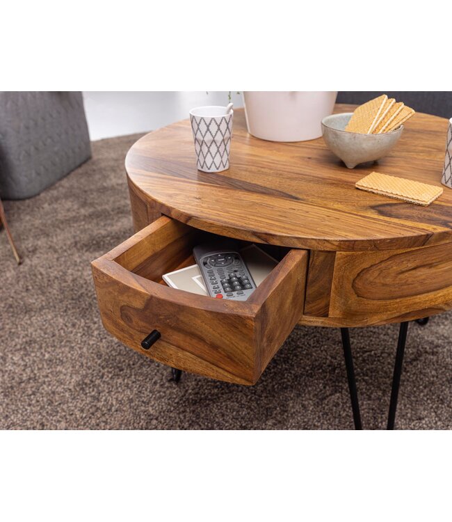 Wohnling Salontafel Sheesham Massief Hout / Metaal 60x44,5x60 cm Tafel Woonkamer, Design Bijzettafel met Lades, Kleine Ronde Woonkamertafel Bruin