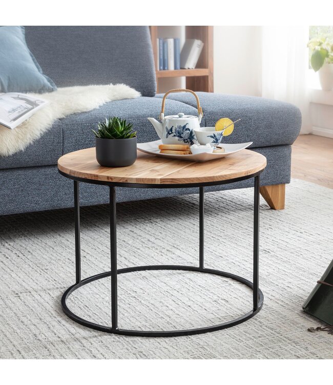 Wohnling salontafel 60x43x60 cm acacia massief houten / metalen salontafel | Design woonkamer tafel rond | Massieve salontafel | Kleine tafel woonkamer