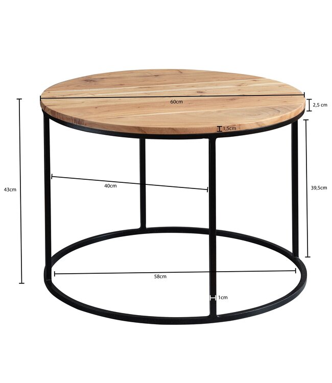 Wohnling salontafel 60x43x60 cm acacia massief houten / metalen salontafel | Design woonkamer tafel rond | Massieve salontafel | Kleine tafel woonkamer