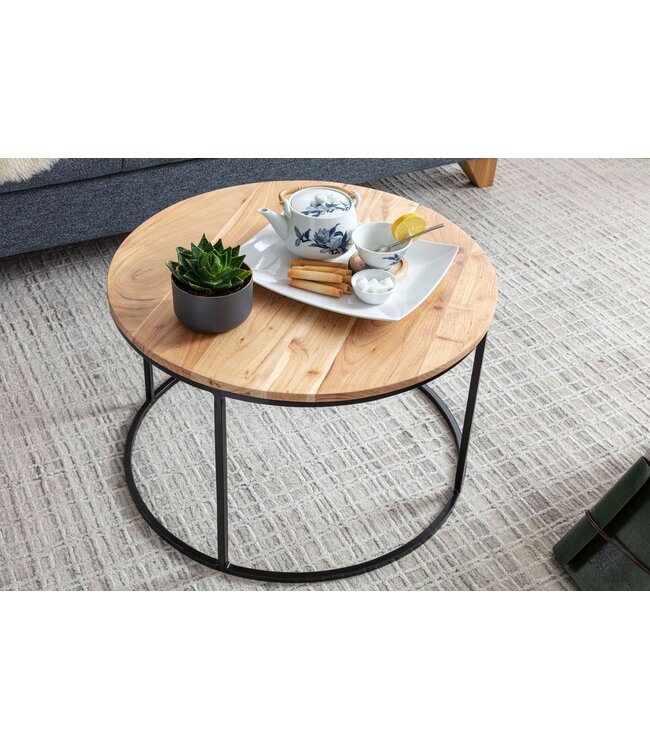 Wohnling salontafel 60x43x60 cm acacia massief houten / metalen salontafel | Design woonkamer tafel rond | Massieve salontafel | Kleine tafel woonkamer