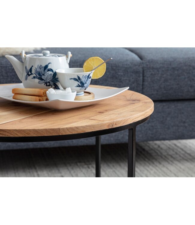 Wohnling salontafel 60x43x60 cm acacia massief houten / metalen salontafel | Design woonkamer tafel rond | Massieve salontafel | Kleine tafel woonkamer