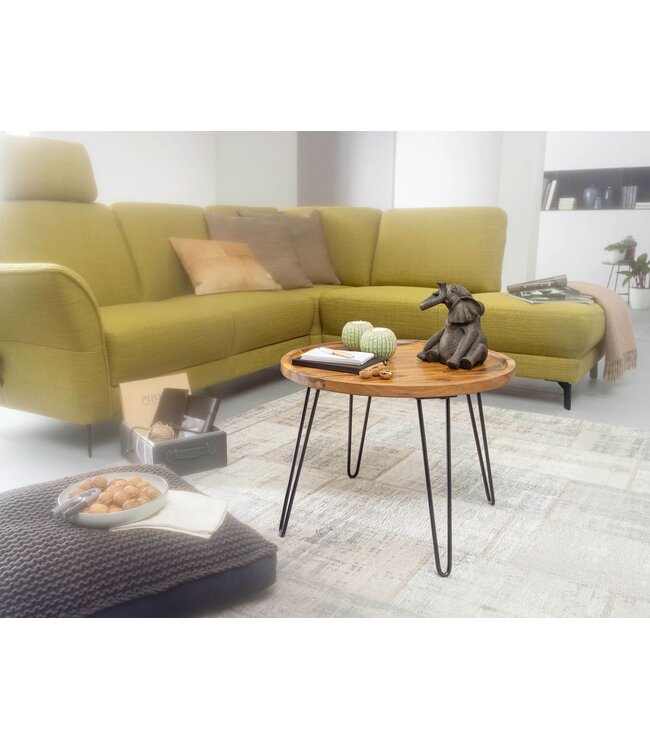 Wohnling salontafel Sheesham massief hout 60x45x60 cm woonkamer tafel rond | Banktafel met haarspeldpoten Salontafel van hout en metaal