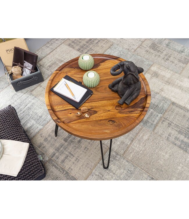 Wohnling salontafel Sheesham massief hout 60x45x60 cm woonkamer tafel rond | Banktafel met haarspeldpoten Salontafel van hout en metaal