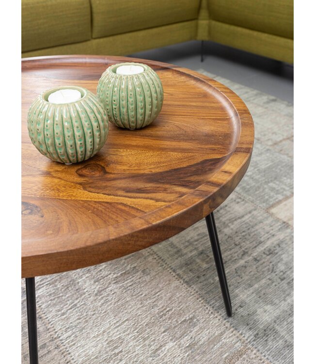 Wohnling salontafel Sheesham massief hout 60x45x60 cm woonkamer tafel rond | Banktafel met haarspeldpoten Salontafel van hout en metaal