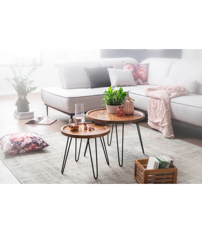 Wohnling salontafel Sheesham massief hout 60x45x60 cm woonkamer tafel rond | Banktafel met haarspeldpoten Salontafel van hout en metaal