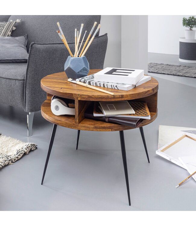 Wohnling Salontafel Sheesham Massiefhout rond Ø 60 cm – Woonkamertafel met open opbergruimte & zwarte metalen poten | Design tafel handgemaakt in moderne retrostijl