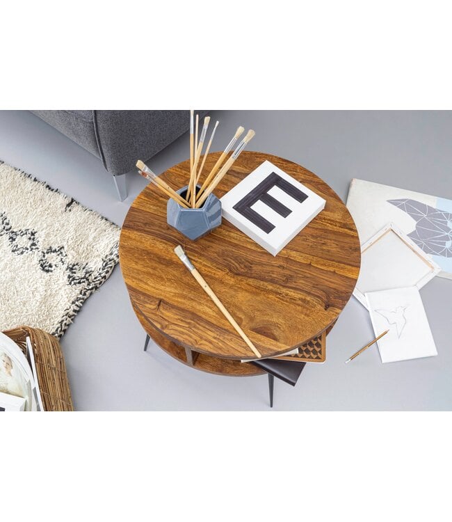 Wohnling Salontafel Sheesham Massiefhout rond Ø 60 cm – Woonkamertafel met open opbergruimte & zwarte metalen poten | Design tafel handgemaakt in moderne retrostijl