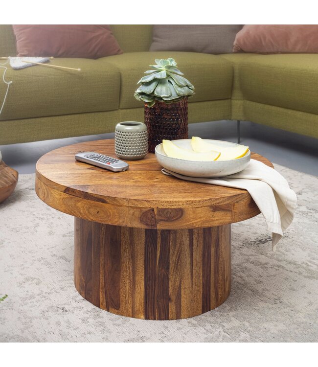Wohnling salontafel 60x30x60 cm Sheesham massief houten salontafel | Design woonkamer tafel rond | Salontafel bruin | Tafel woonkamer
