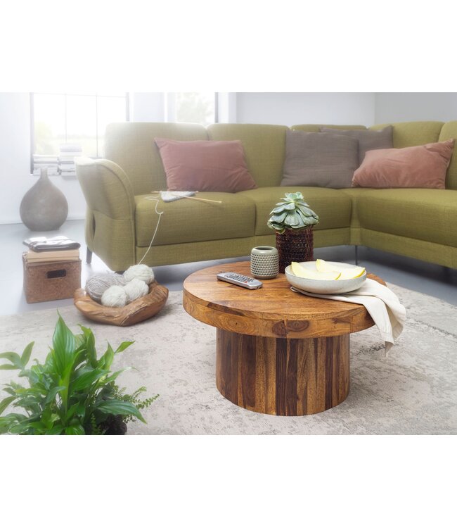 Wohnling salontafel 60x30x60 cm Sheesham massief houten salontafel | Design woonkamer tafel rond | Salontafel bruin | Tafel woonkamer