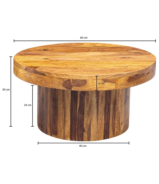 Wohnling salontafel 60x30x60 cm Sheesham massief houten salontafel | Design woonkamer tafel rond | Salontafel bruin | Tafel woonkamer