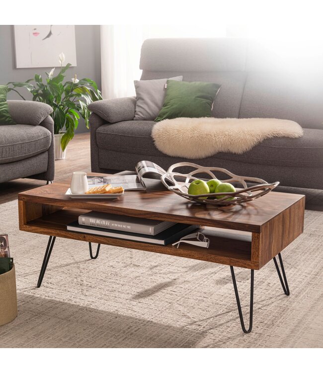 Wohnling salontafel 100x40x50 cm Sheesham massief houten / metalen salontafel | Design salontafel rechthoekig Massieve salontafel | Grote tafel woonkamer