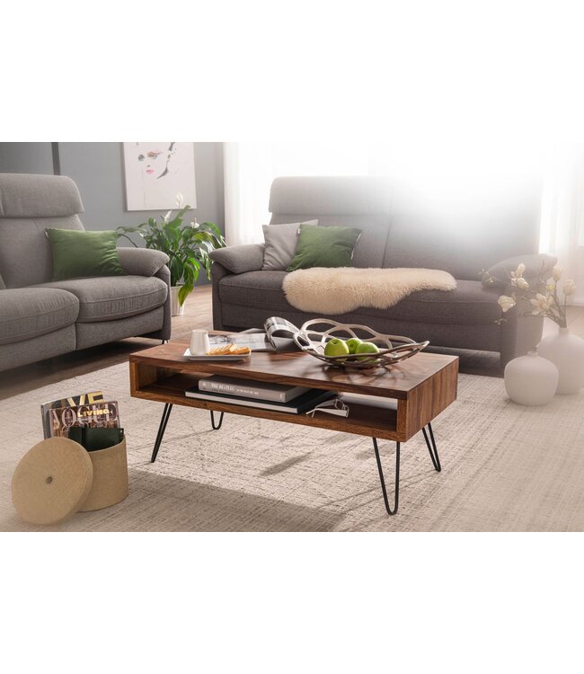 Wohnling salontafel 100x40x50 cm Sheesham massief houten / metalen salontafel | Design salontafel rechthoekig Massieve salontafel | Grote tafel woonkamer