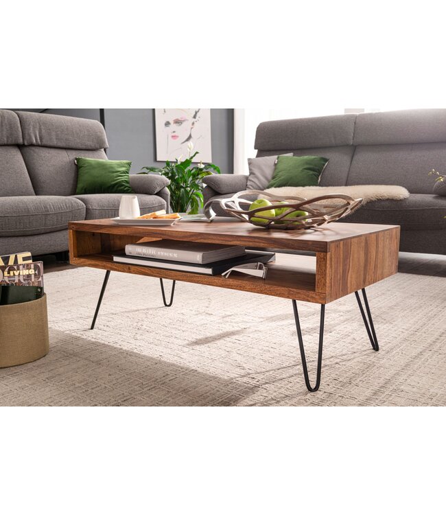 Wohnling salontafel 100x40x50 cm Sheesham massief houten / metalen salontafel | Design salontafel rechthoekig Massieve salontafel | Grote tafel woonkamer