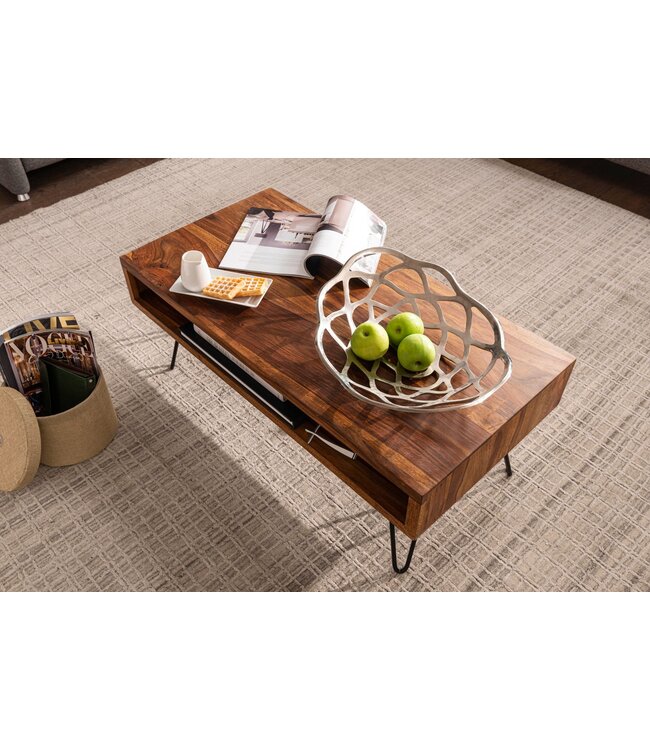 Wohnling salontafel 100x40x50 cm Sheesham massief houten / metalen salontafel | Design salontafel rechthoekig Massieve salontafel | Grote tafel woonkamer