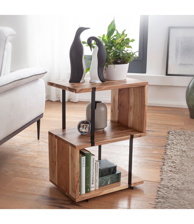 Wohnling Bijzettafel S-vorm 45x60x30cm Acacia Metaal Opbergtafel, Tafeltje Woonkamer Industrieel, Houten tafel met metalen poten, Decoratietafel Hout