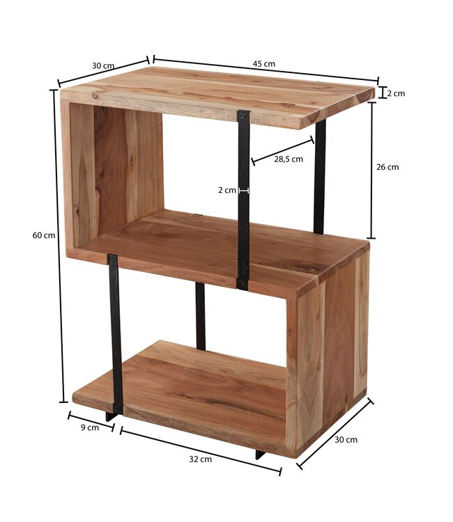 Wohnling Bijzettafel S-vorm 45x60x30cm Acacia Metaal Opbergtafel, Tafeltje Woonkamer Industrieel, Houten tafel met metalen poten, Decoratietafel Hout