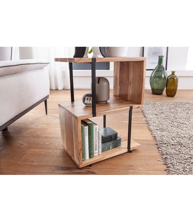Wohnling Bijzettafel S-vorm 45x60x30cm Acacia Metaal Opbergtafel, Tafeltje Woonkamer Industrieel, Houten tafel met metalen poten, Decoratietafel Hout