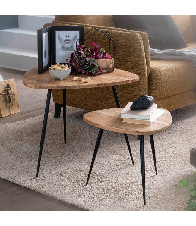 Wohnling set van 2 nesttafels acacia massief houten / metalen salontafel klein | Design bijzettafel set van twee houten tafels Woonkamer tafel tafel metalen frame
