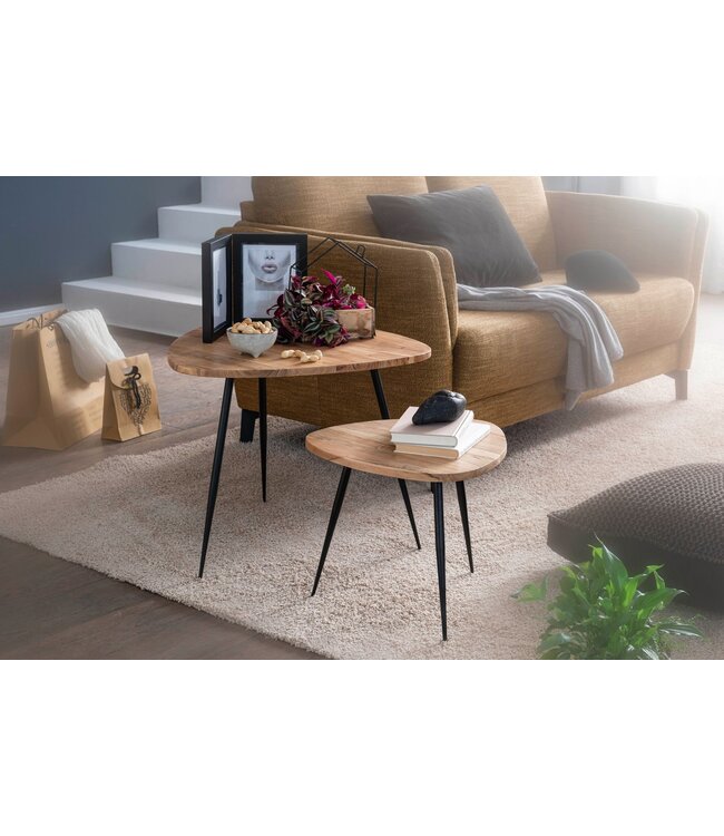 Wohnling set van 2 nesttafels acacia massief houten / metalen salontafel klein | Design bijzettafel set van twee houten tafels Woonkamer tafel tafel metalen frame