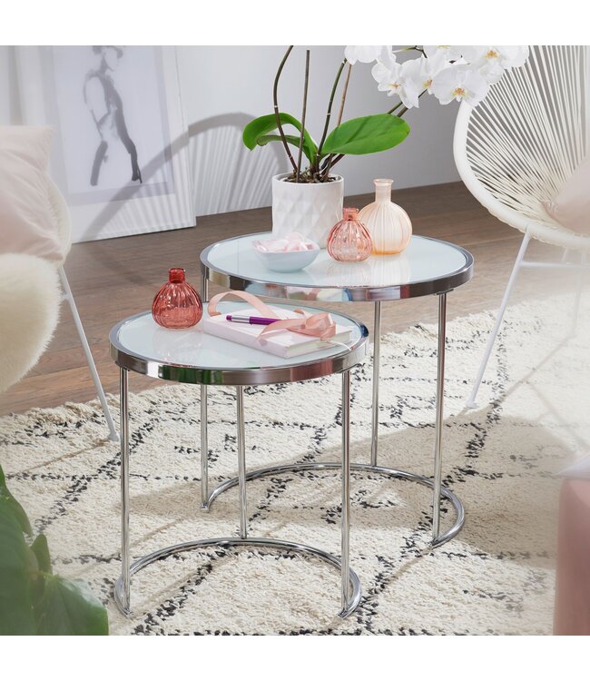 Wohnling Design Bijzettafel Rond Ø 50/42 cm - 2-delig Wit Zilver met Glasplaat, Salontafel 2-delige Set, Nesttafel Melkglas, Couchtafel