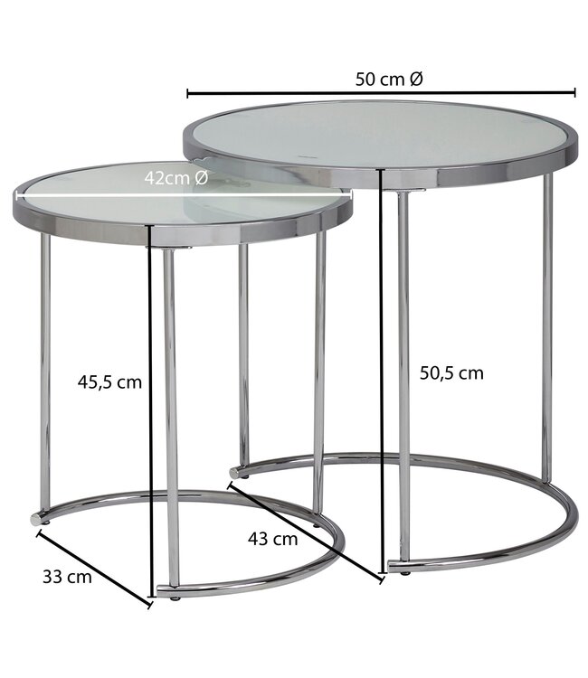 Wohnling Design Bijzettafel Rond Ø 50/42 cm - 2-delig Wit Zilver met Glasplaat, Salontafel 2-delige Set, Nesttafel Melkglas, Couchtafel
