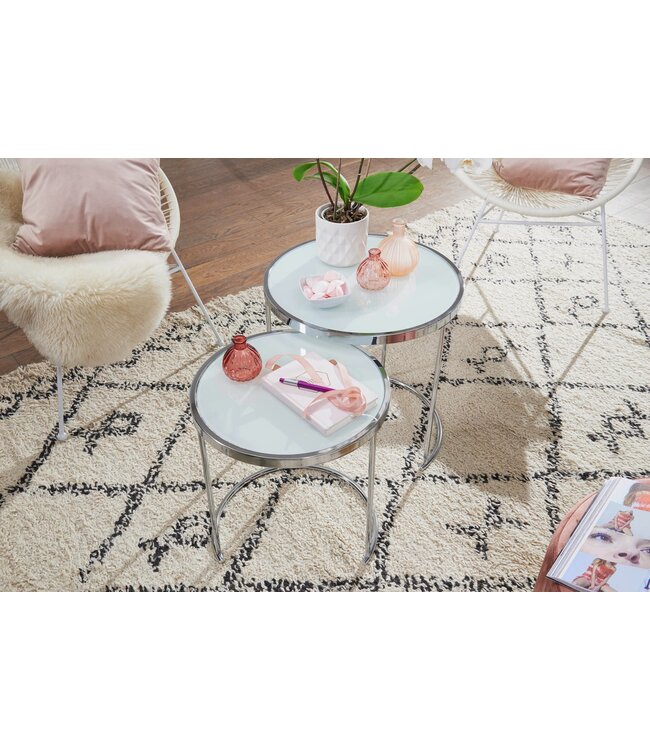 Wohnling Design Bijzettafel Rond Ø 50/42 cm - 2-delig Wit Zilver met Glasplaat, Salontafel 2-delige Set, Nesttafel Melkglas, Couchtafel