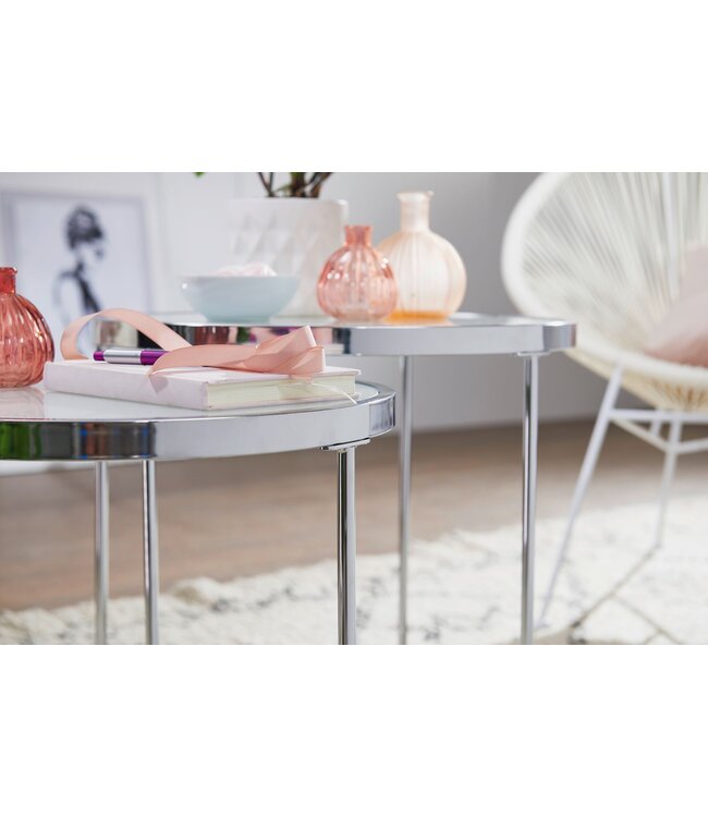Wohnling Design Bijzettafel Rond Ø 50/42 cm - 2-delig Wit Zilver met Glasplaat, Salontafel 2-delige Set, Nesttafel Melkglas, Couchtafel