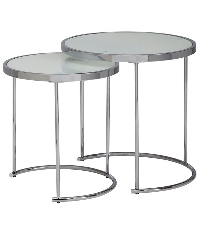 Wohnling Design Bijzettafel Rond Ø 50/42 cm - 2-delig Wit Zilver met Glasplaat, Salontafel 2-delige Set, Nesttafel Melkglas, Couchtafel