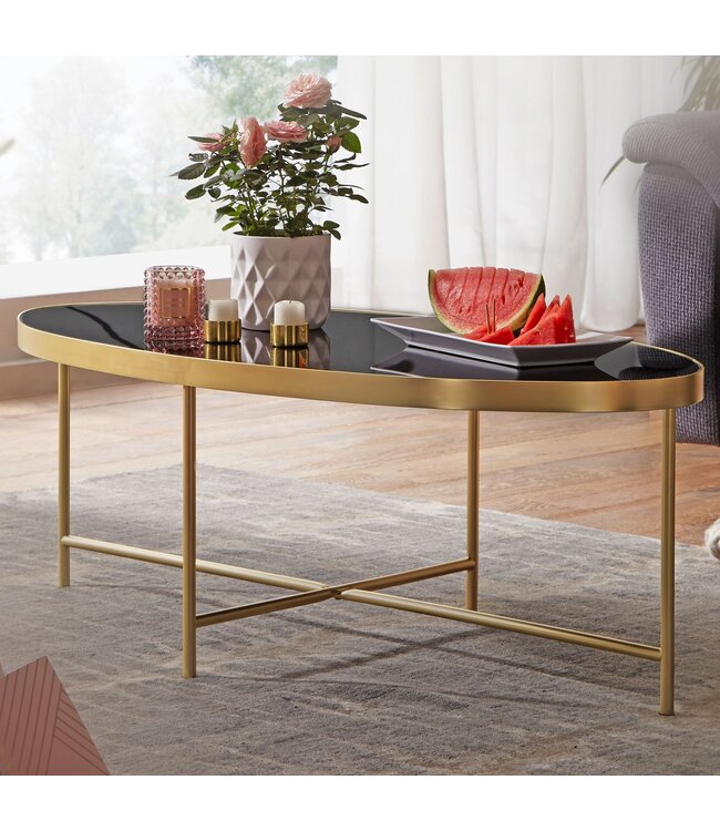 Wohnling design salontafel glas zwart - ovaal 110 x 56 cm met goud metaal  | Grote woonkamer tafel Lounge tafel glazen tafel