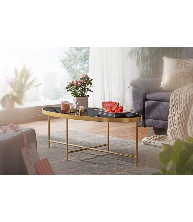 Wohnling design salontafel glas zwart - ovaal 110 x 56 cm met goud metaal  | Grote woonkamer tafel Lounge tafel glazen tafel
